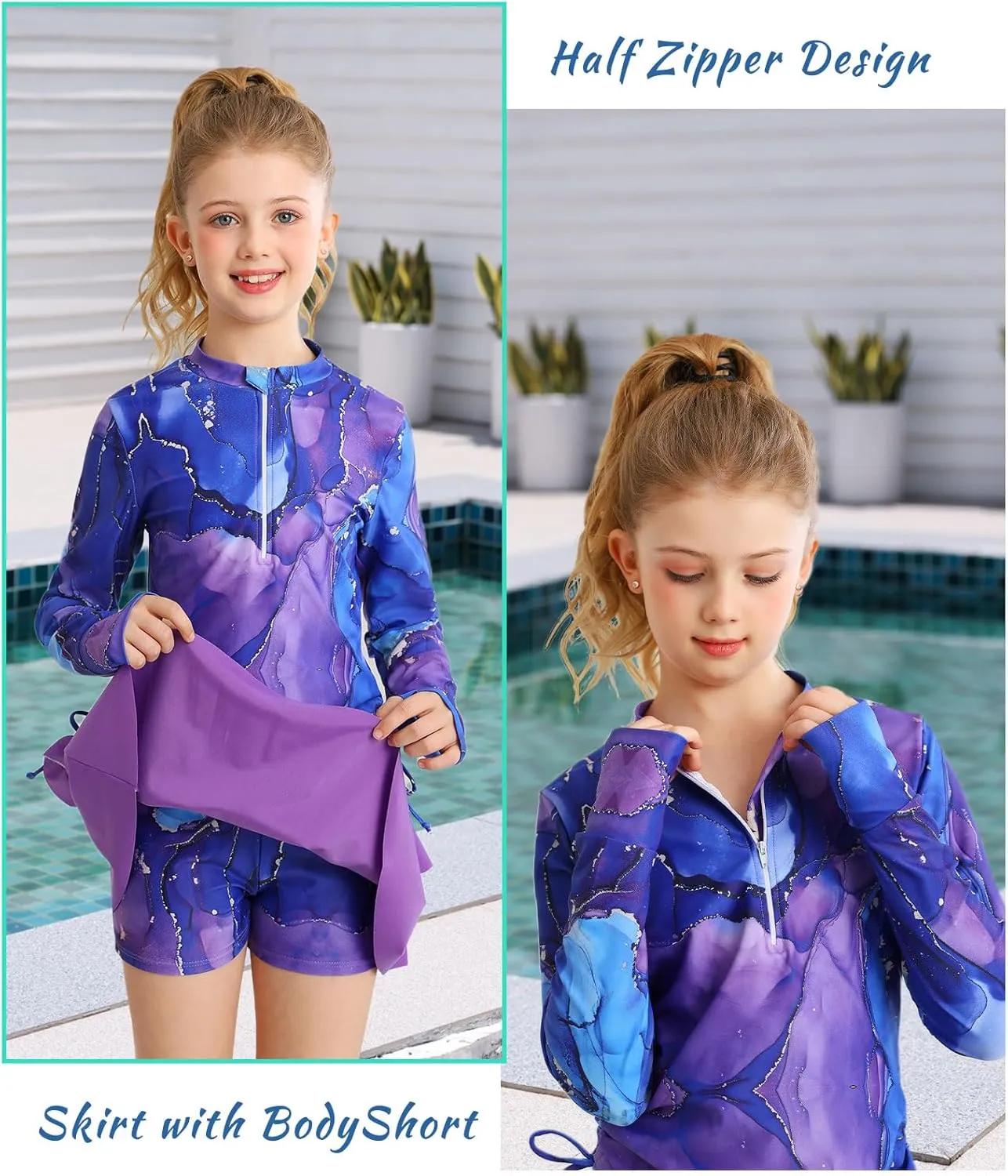 Vogseek 3-12T Girls Rash Guard 2 Pieces Bathing Suit Long Sleeve Swimsuit Swimming Skirt with Shorts Swimwear