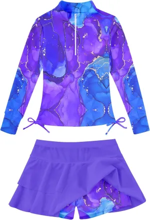 Vogseek 3-12T Girls Rash Guard 2 Pieces Bathing Suit Long Sleeve Swimsuit Swimming Skirt with Shorts Swimwear