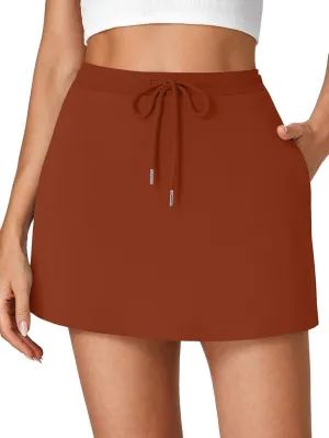 Vrtige Women's Casual Elastic High Waist Drawstring Workout Mini Skirt with Pockets
