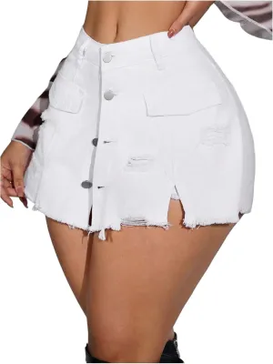 WDIRARA Women's Button Down Ripped Jean Skorts Raw Hem High Waisted Denim Skirt Shorts