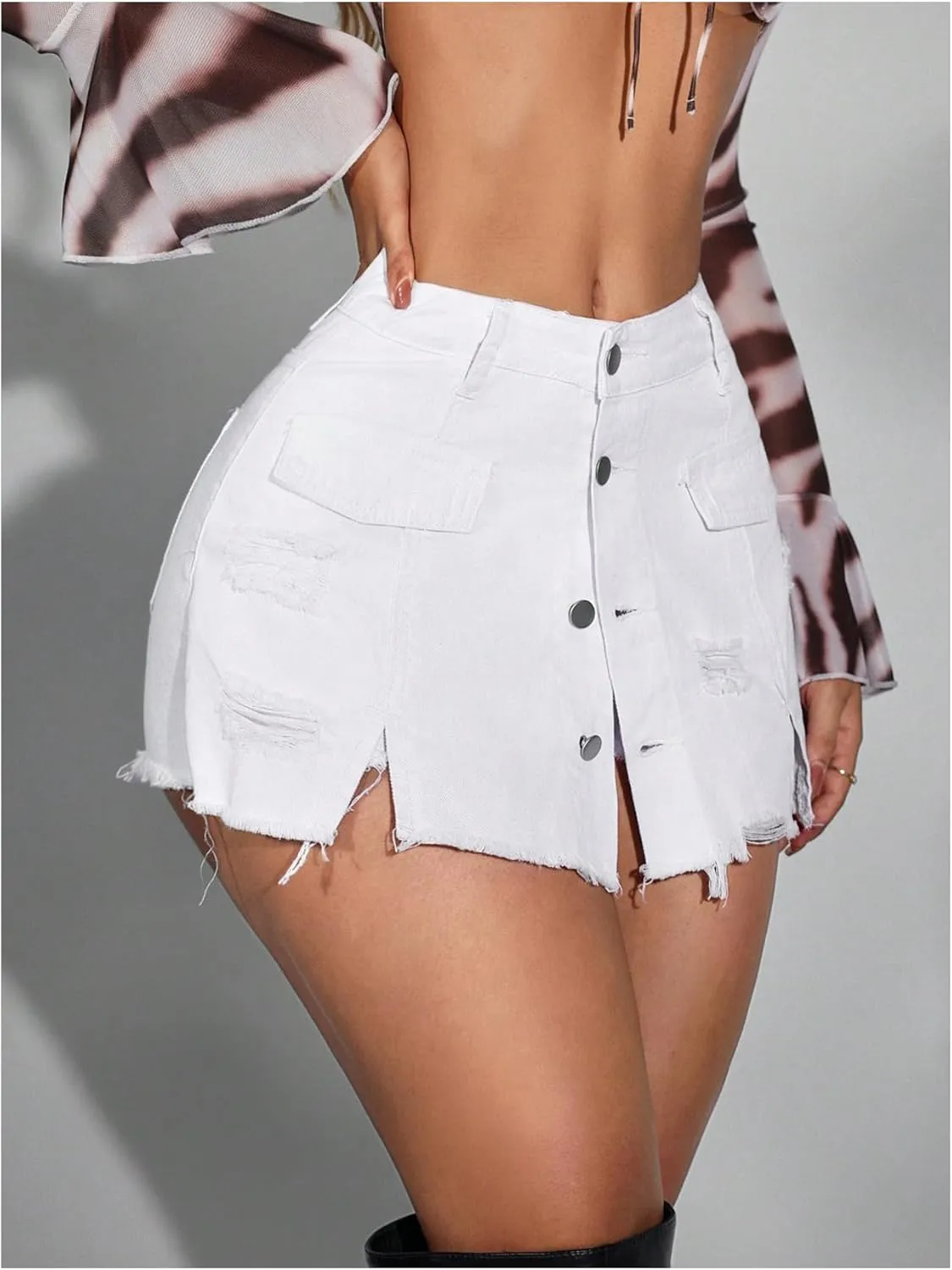 WDIRARA Women's Button Down Ripped Jean Skorts Raw Hem High Waisted Denim Skirt Shorts