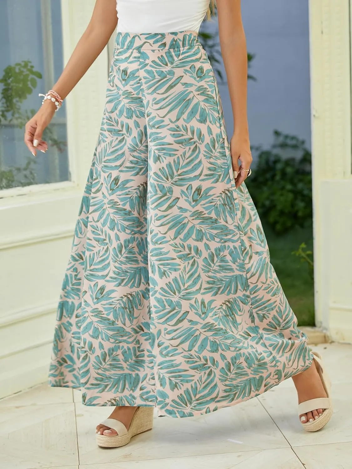 WDIRARA Women's Tropical Print High Waist Wide Leg Pants Boho Palazzo Pants