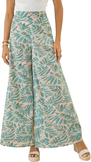 WDIRARA Women's Tropical Print High Waist Wide Leg Pants Boho Palazzo Pants