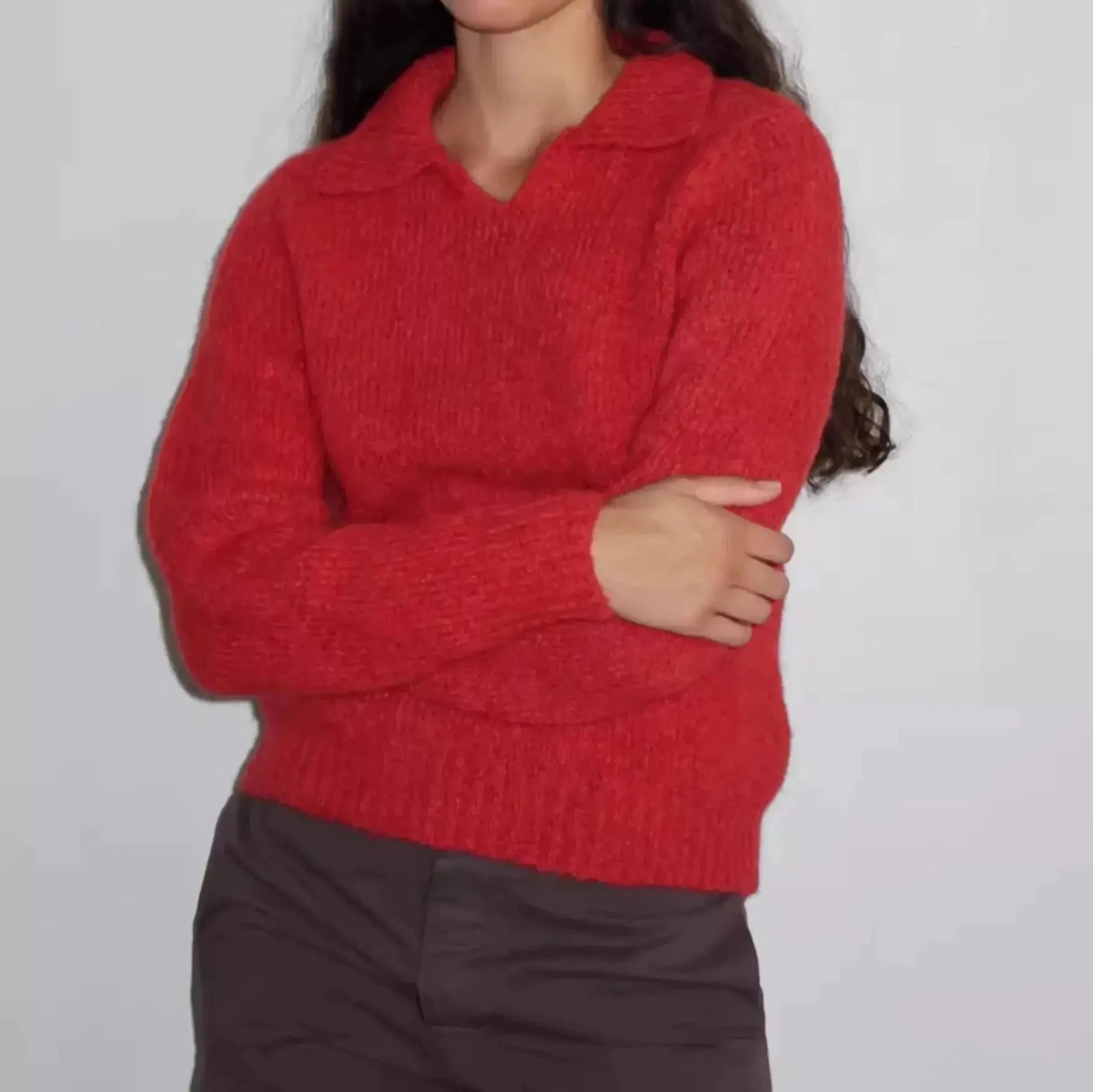 Wenkouban-Christmas Thanksgiving outfits_Red Wool Blend Knitted Crochet Letter Lapel Casual Christmas Sweater