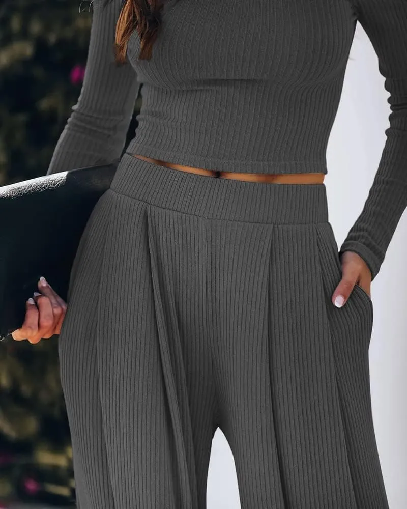 Wide Leg Pant Suits for Women Elegant 2 Piece Solid Outfits Long Sleeve Crop Top High Waist Long Pants with Pockets