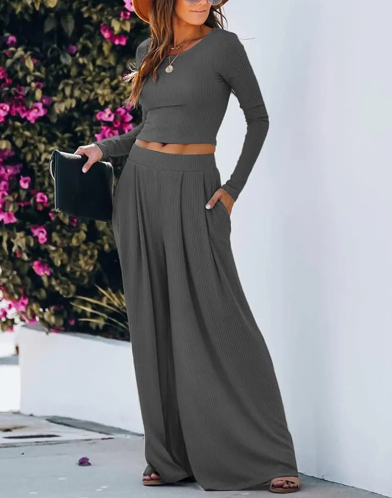 Wide Leg Pant Suits for Women Elegant 2 Piece Solid Outfits Long Sleeve Crop Top High Waist Long Pants with Pockets
