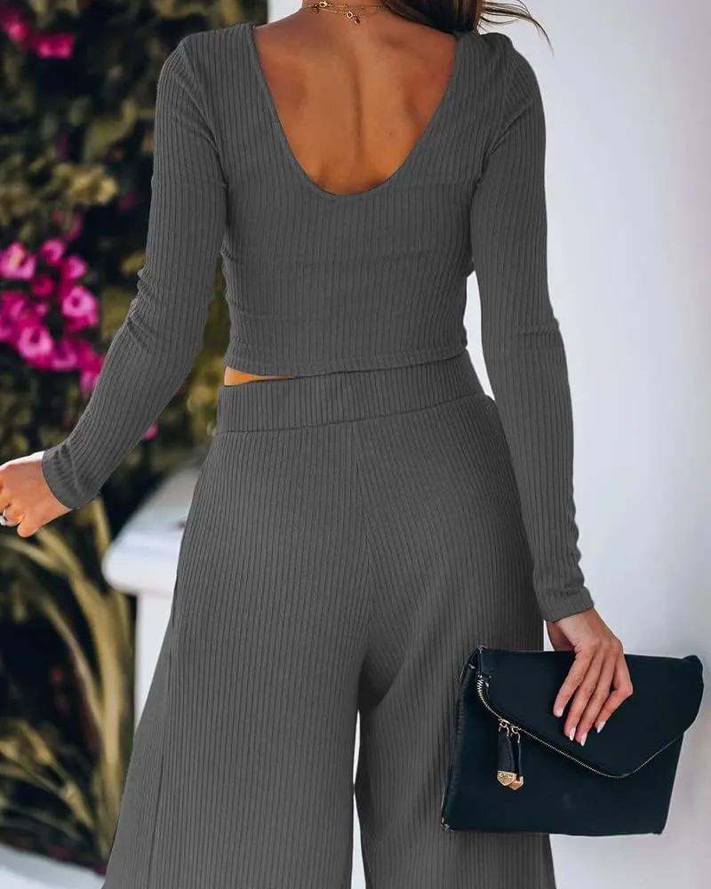 Wide Leg Pant Suits for Women Elegant 2 Piece Solid Outfits Long Sleeve Crop Top High Waist Long Pants with Pockets