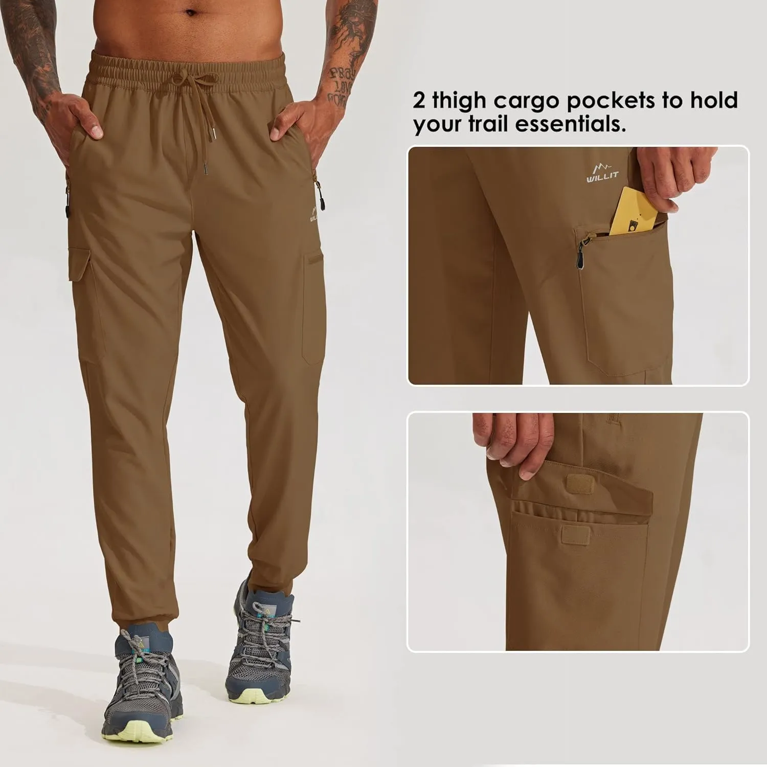 Willit Men's Hiking Joggers Travel Athletic Pants Lightweight Quick Dry Outdoor Running Pants with Zipper Pockets
