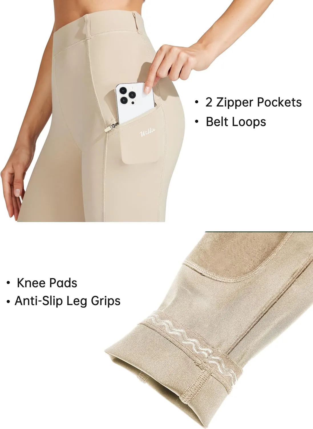 Willit Women's Horse Riding Pants Knee-Patch Equestrian Breeches Horseback Schooling Tights Zipper Pockets
