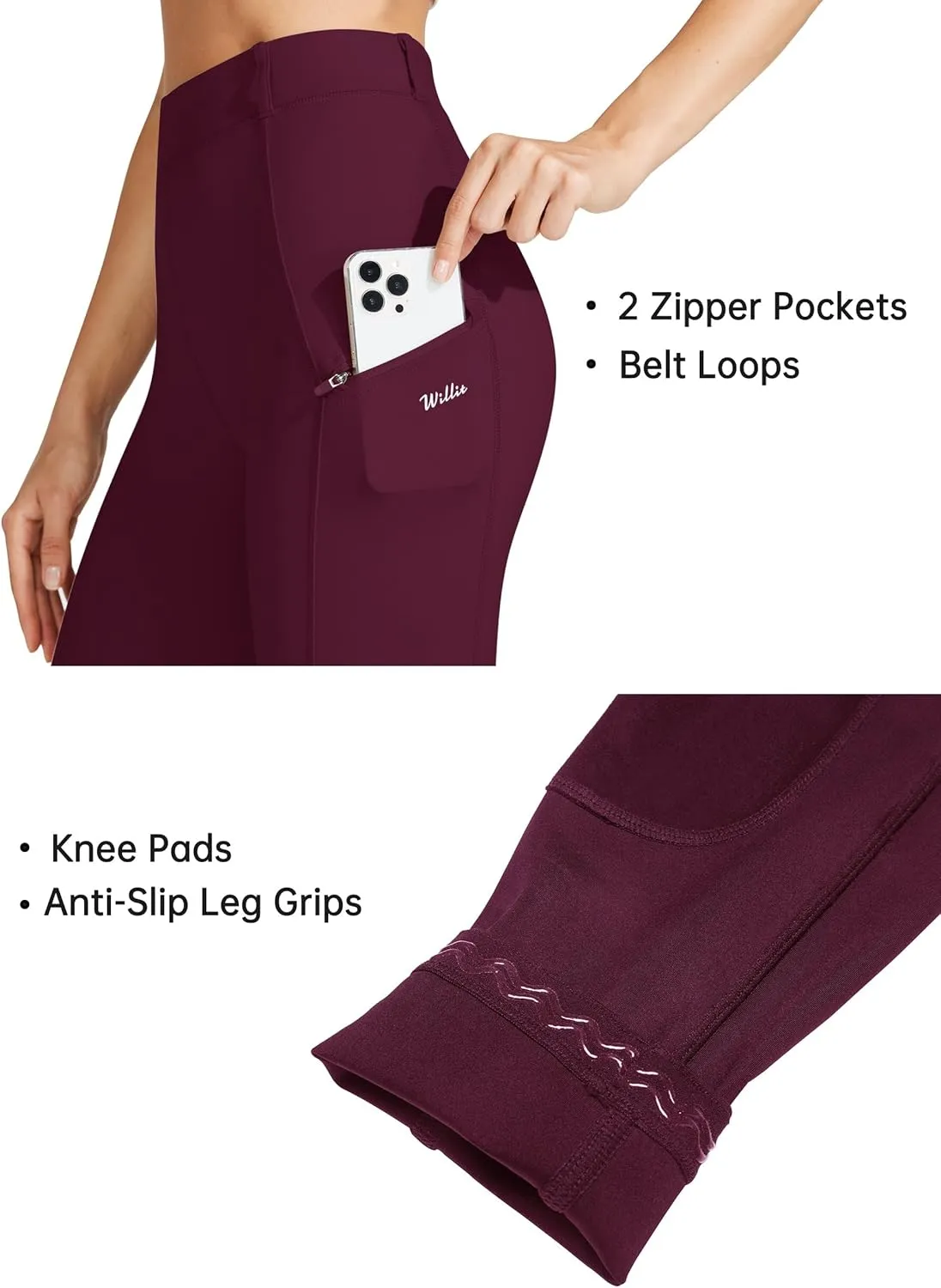 Willit Women's Horse Riding Pants Knee-Patch Equestrian Breeches Horseback Schooling Tights Zipper Pockets