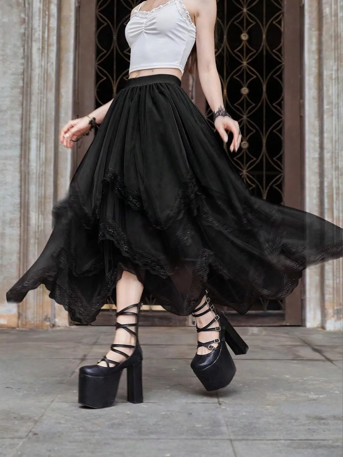 Womans Goth Lace Maxi Skirt A-Line Elastic High Waist Flowy Trim Layered Mesh Tulle Midi Skirts