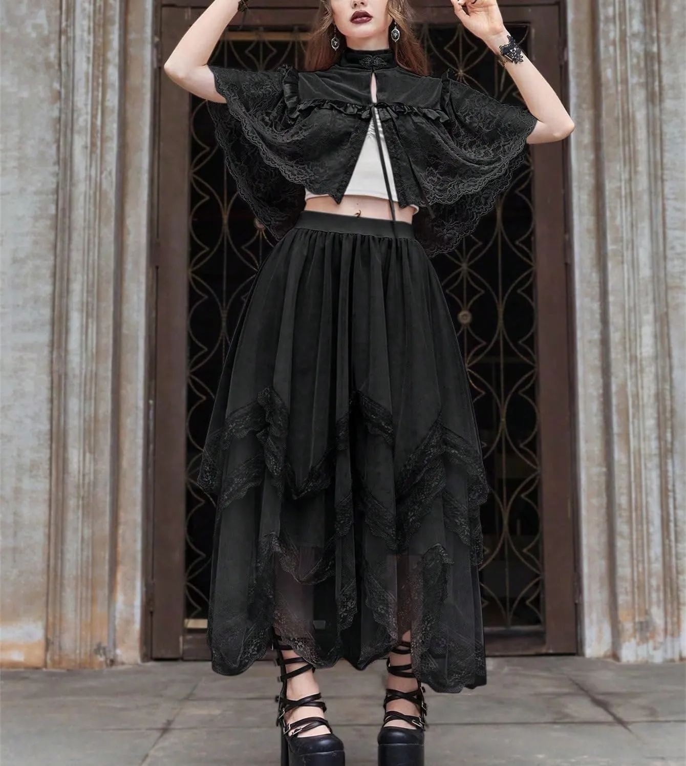 Womans Goth Lace Maxi Skirt A-Line Elastic High Waist Flowy Trim Layered Mesh Tulle Midi Skirts