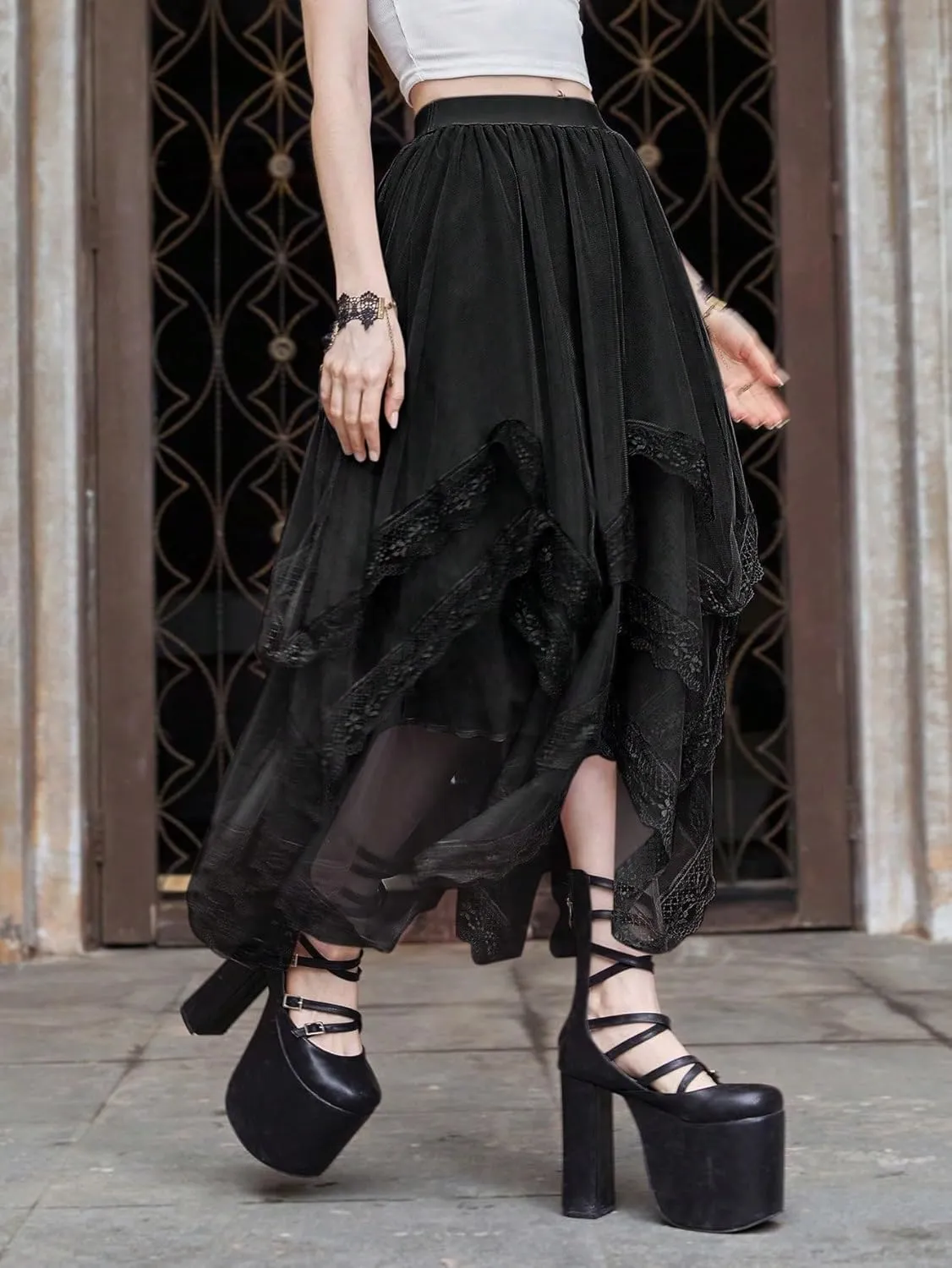 Womans Goth Lace Maxi Skirt A-Line Elastic High Waist Flowy Trim Layered Mesh Tulle Midi Skirts