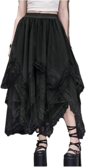 Womans Goth Lace Maxi Skirt A-Line Elastic High Waist Flowy Trim Layered Mesh Tulle Midi Skirts