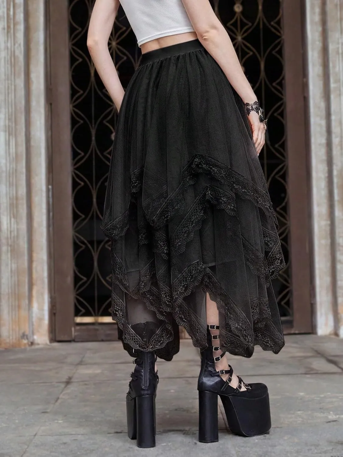 Womans Goth Lace Maxi Skirt A-Line Elastic High Waist Flowy Trim Layered Mesh Tulle Midi Skirts