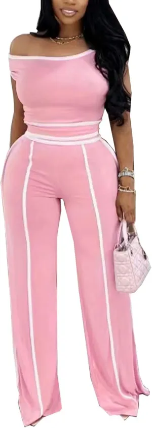 Women 2 Piece Lounge Set One Shoulder Crop Top and Wide Leg Pant Sets Casual Tracksuit Outfits