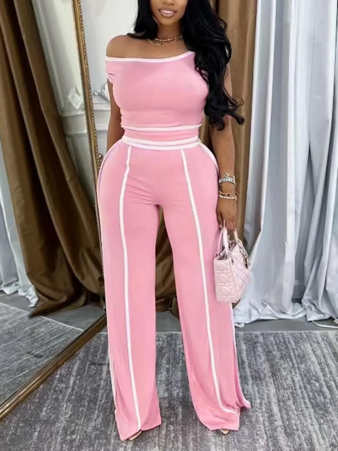 Women 2 Piece Lounge Set One Shoulder Crop Top and Wide Leg Pant Sets Casual Tracksuit Outfits