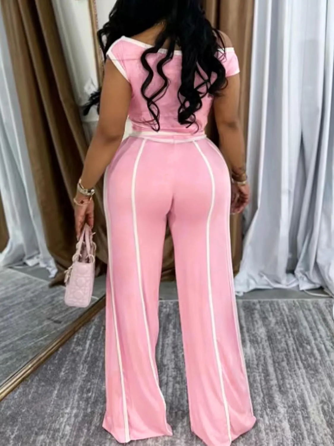 Women 2 Piece Lounge Set One Shoulder Crop Top and Wide Leg Pant Sets Casual Tracksuit Outfits