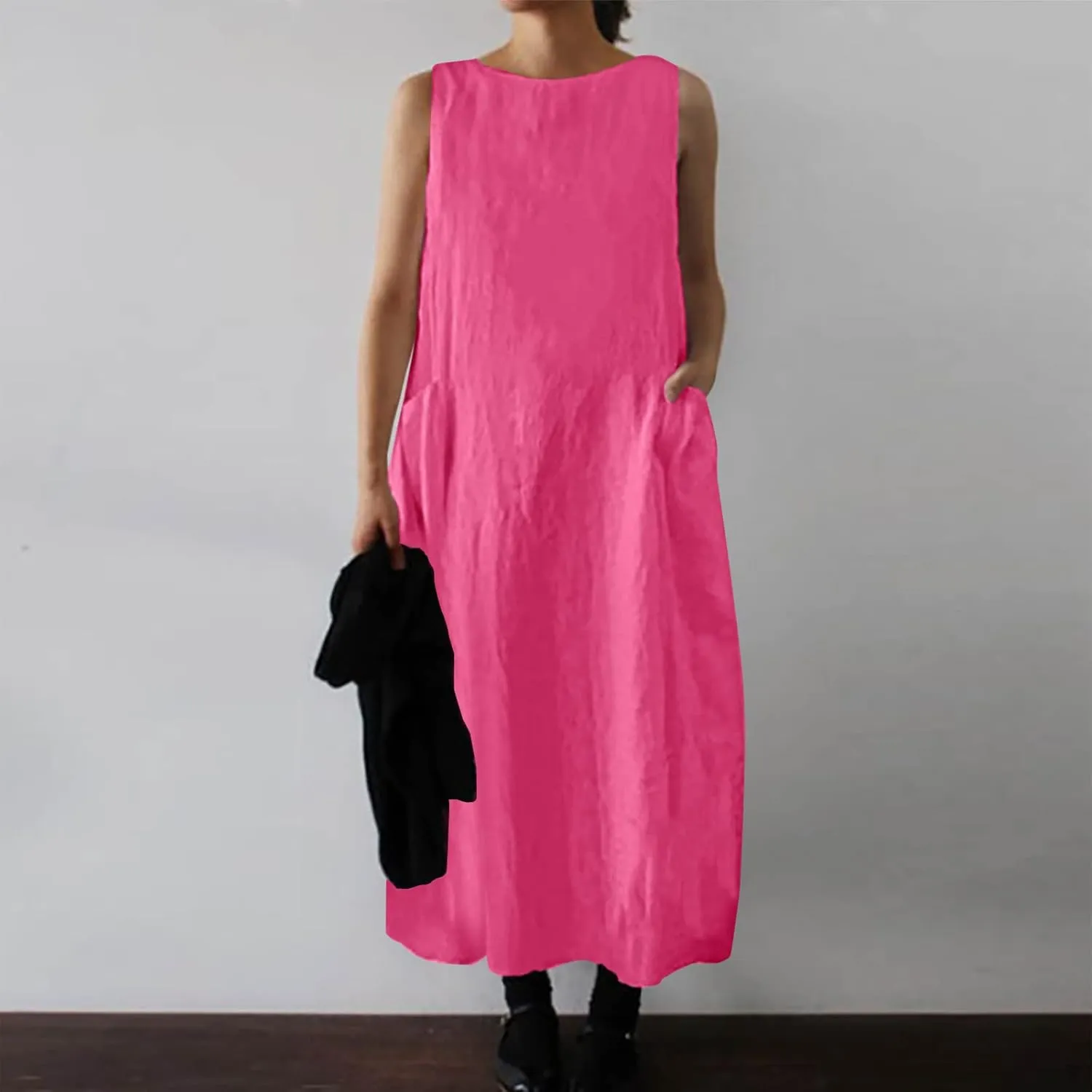 Women 2025 Sleeveless Tank Dress Casual Crew Neck Summer Beach Long Maxi Dresses Loose Sundress with Pocket