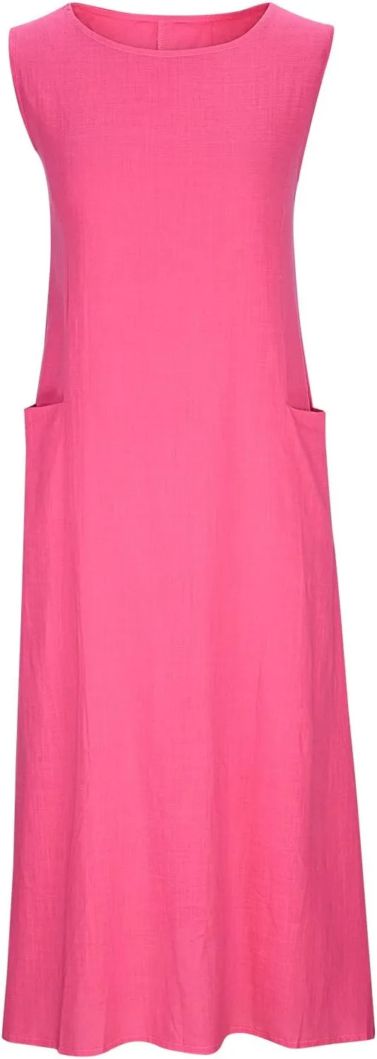 Women 2025 Sleeveless Tank Dress Casual Crew Neck Summer Beach Long Maxi Dresses Loose Sundress with Pocket