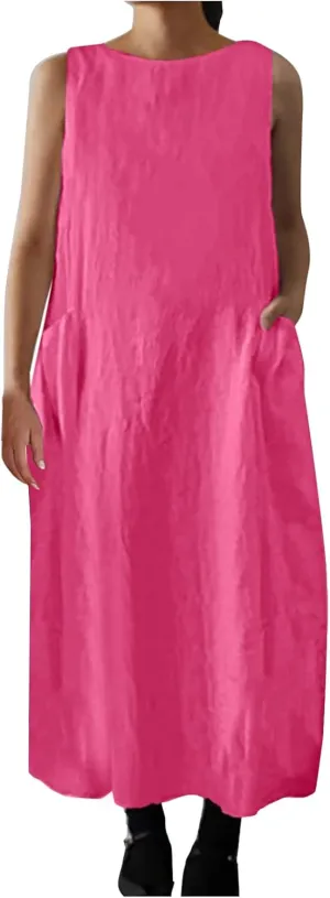 Women 2025 Sleeveless Tank Dress Casual Crew Neck Summer Beach Long Maxi Dresses Loose Sundress with Pocket