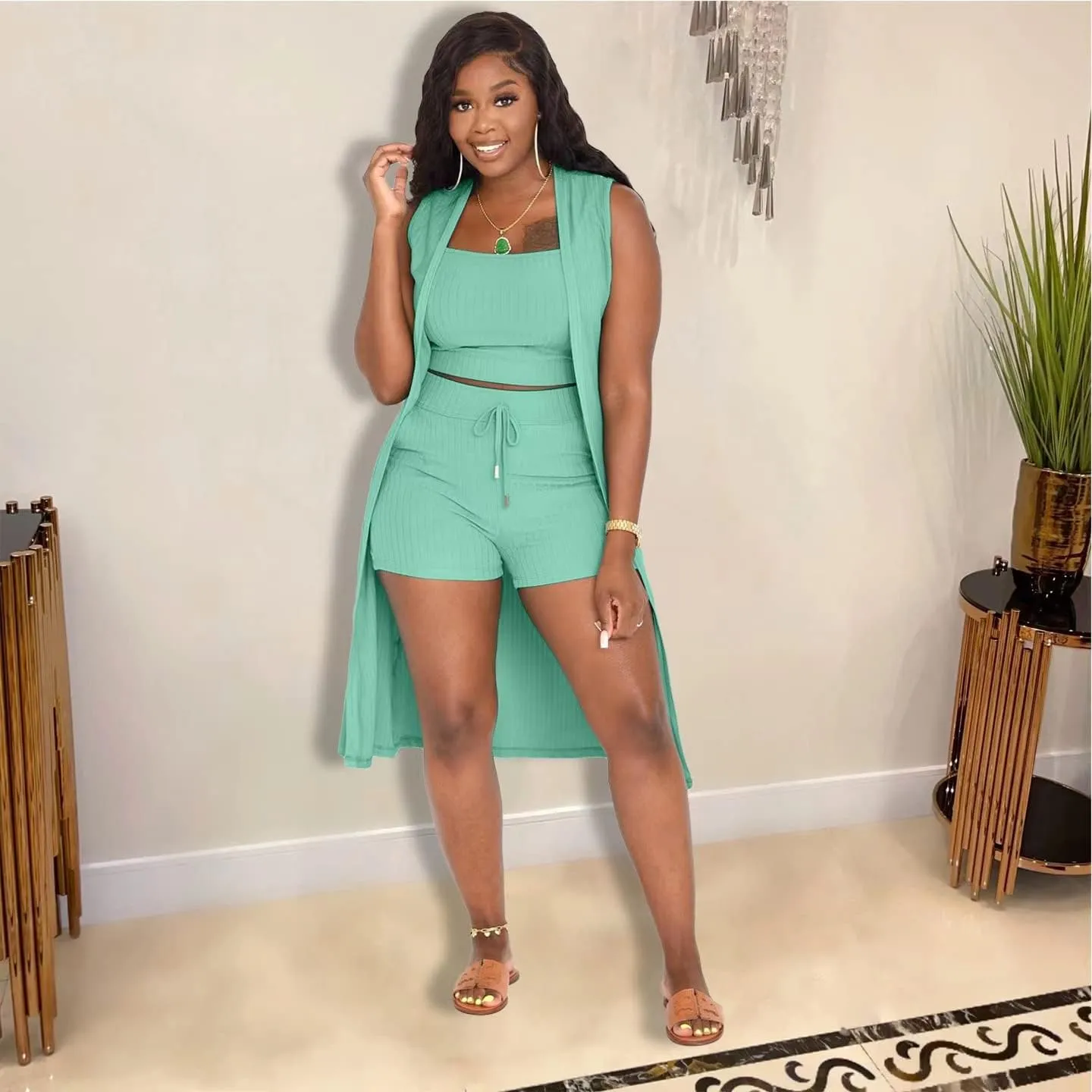 Women 3 Piece Outfits Ribbed Sleeveless Long Cardigan Crop Tank Tops Bodycon Shorts Sets Sweatsuit Lounge Set