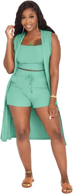 Women 3 Piece Outfits Ribbed Sleeveless Long Cardigan Crop Tank Tops Bodycon Shorts Sets Sweatsuit Lounge Set