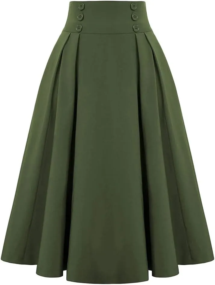Women A-Line Vintage Casual Skirt High Waist with Pockets Pleated Skirts