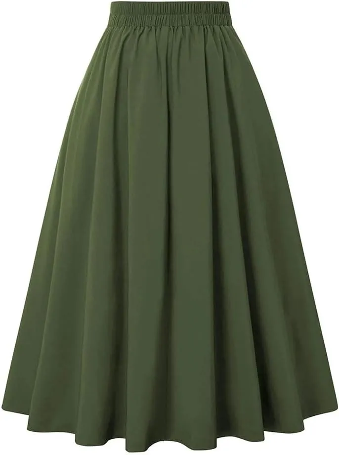 Women A-Line Vintage Casual Skirt High Waist with Pockets Pleated Skirts