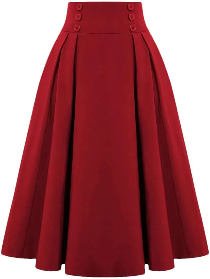 Women A-Line Vintage Casual Skirt High Waist with Pockets Pleated Skirts