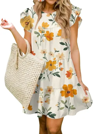 Women Babydoll Summer Casual Crew Neck Ruffle Sleeve Sleeveless Flowy Mini Short Tunic Dress Floral Print Pleated Dress2-Yellow,X-Large