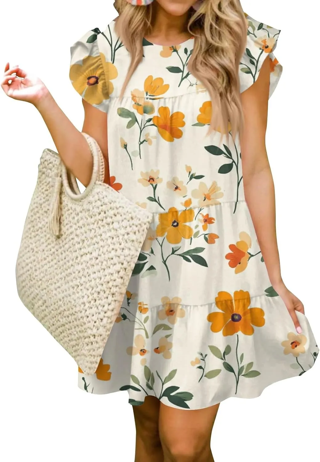 Women Babydoll Summer Casual Crew Neck Ruffle Sleeve Sleeveless Flowy Mini Short Tunic Dress Floral Print Pleated Dress2-Yellow,X-Large