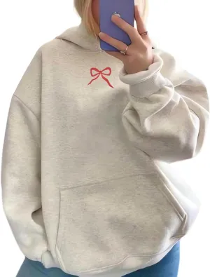 Women Bow Embroidery Hoodie Teen Girls Cute Graphic Hooded Loose Preppy Y2K Long Sleeve Pullover Hoodie Tops