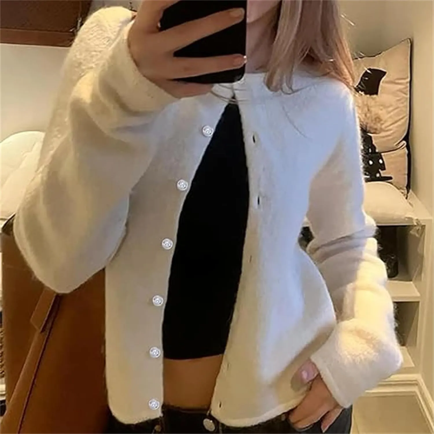 Women Casual Solid Long Sleeve Whispers Knit Cardigan Cute Y2k Crewneck Open Front Button Down Cropped Cardigan Sweater