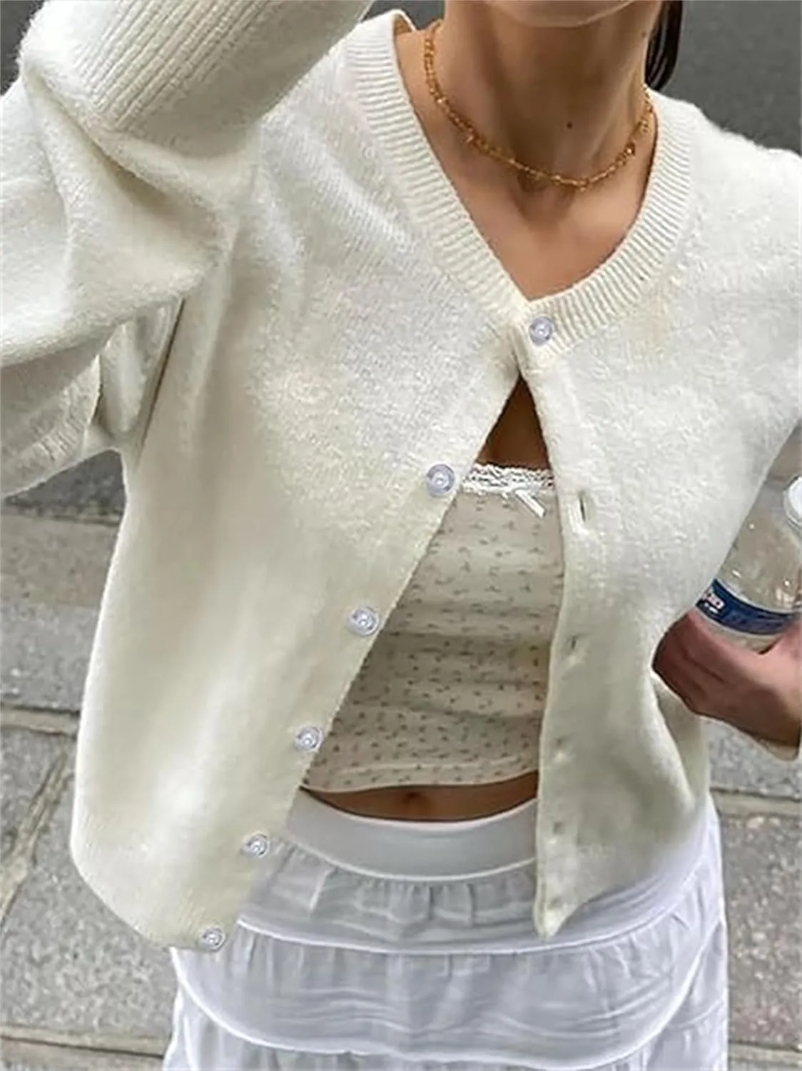 Women Casual Solid Long Sleeve Whispers Knit Cardigan Cute Y2k Crewneck Open Front Button Down Cropped Cardigan Sweater