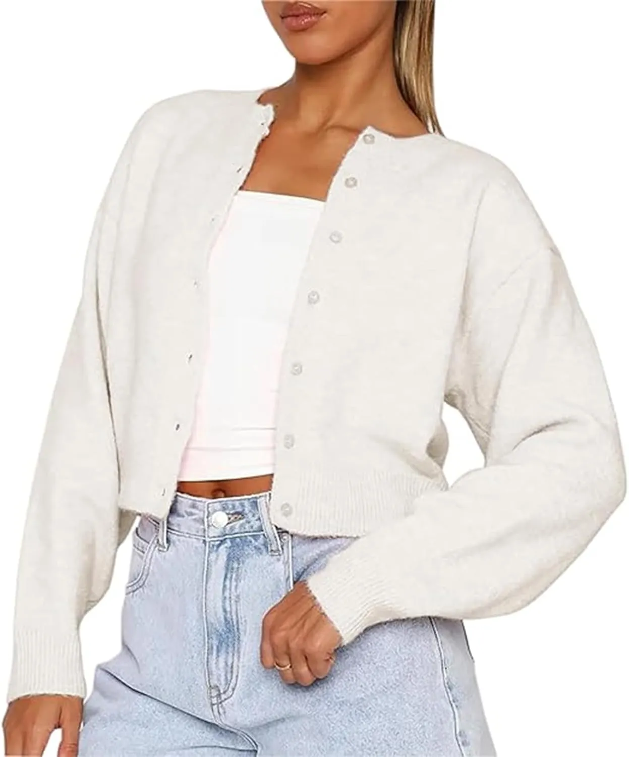 Women Casual Solid Long Sleeve Whispers Knit Cardigan Cute Y2k Crewneck Open Front Button Down Cropped Cardigan Sweater