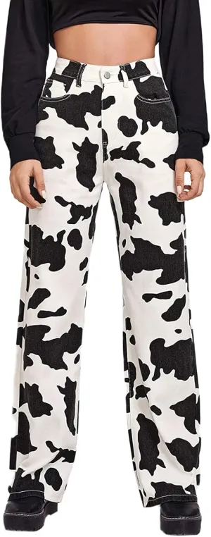 Women Cow Print High Waist Wide Leg Jeans Pants Casual Fashion Y2k Cute Lounge Denim Trousers with Pockets