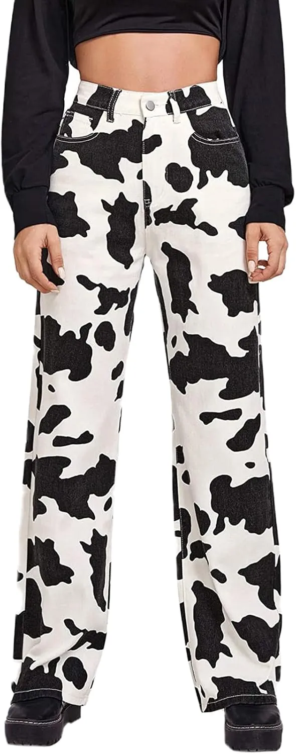 Women Cow Print High Waist Wide Leg Jeans Pants Casual Fashion Y2k Cute Lounge Denim Trousers with Pockets