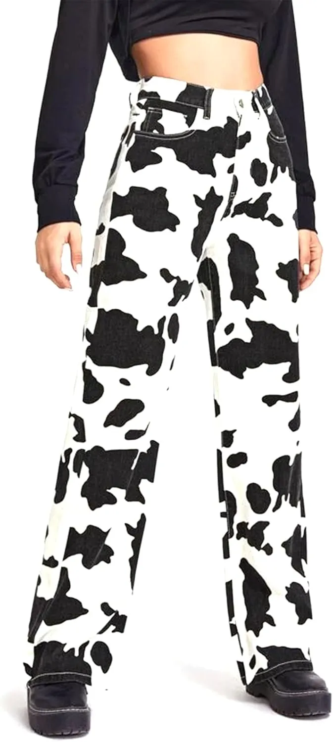Women Cow Print High Waist Wide Leg Jeans Pants Casual Fashion Y2k Cute Lounge Denim Trousers with Pockets