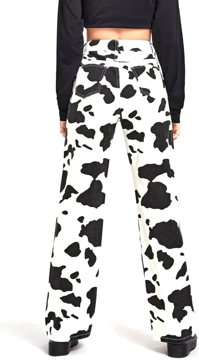 Women Cow Print High Waist Wide Leg Jeans Pants Casual Fashion Y2k Cute Lounge Denim Trousers with Pockets