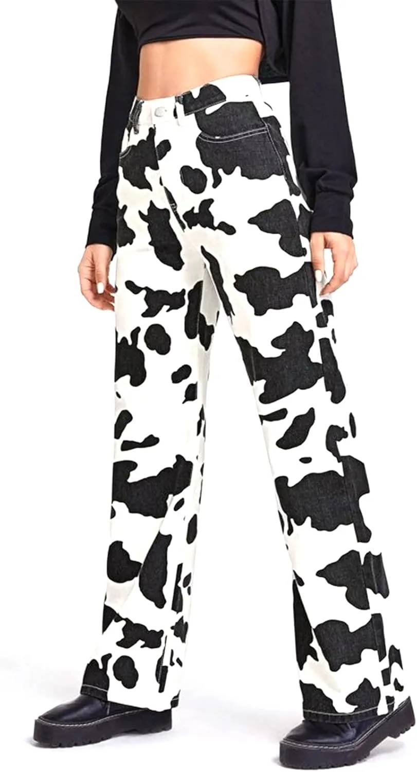 Women Cow Print High Waist Wide Leg Jeans Pants Casual Fashion Y2k Cute Lounge Denim Trousers with Pockets