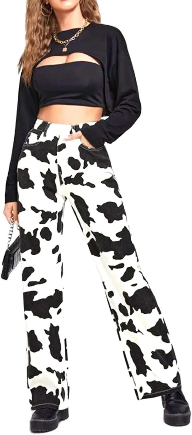 Women Cow Print High Waist Wide Leg Jeans Pants Casual Fashion Y2k Cute Lounge Denim Trousers with Pockets