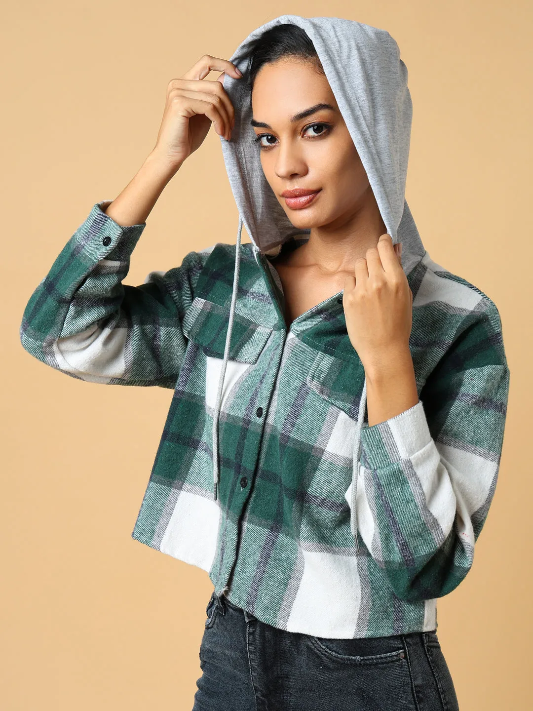 Women Green Checked Hoodie