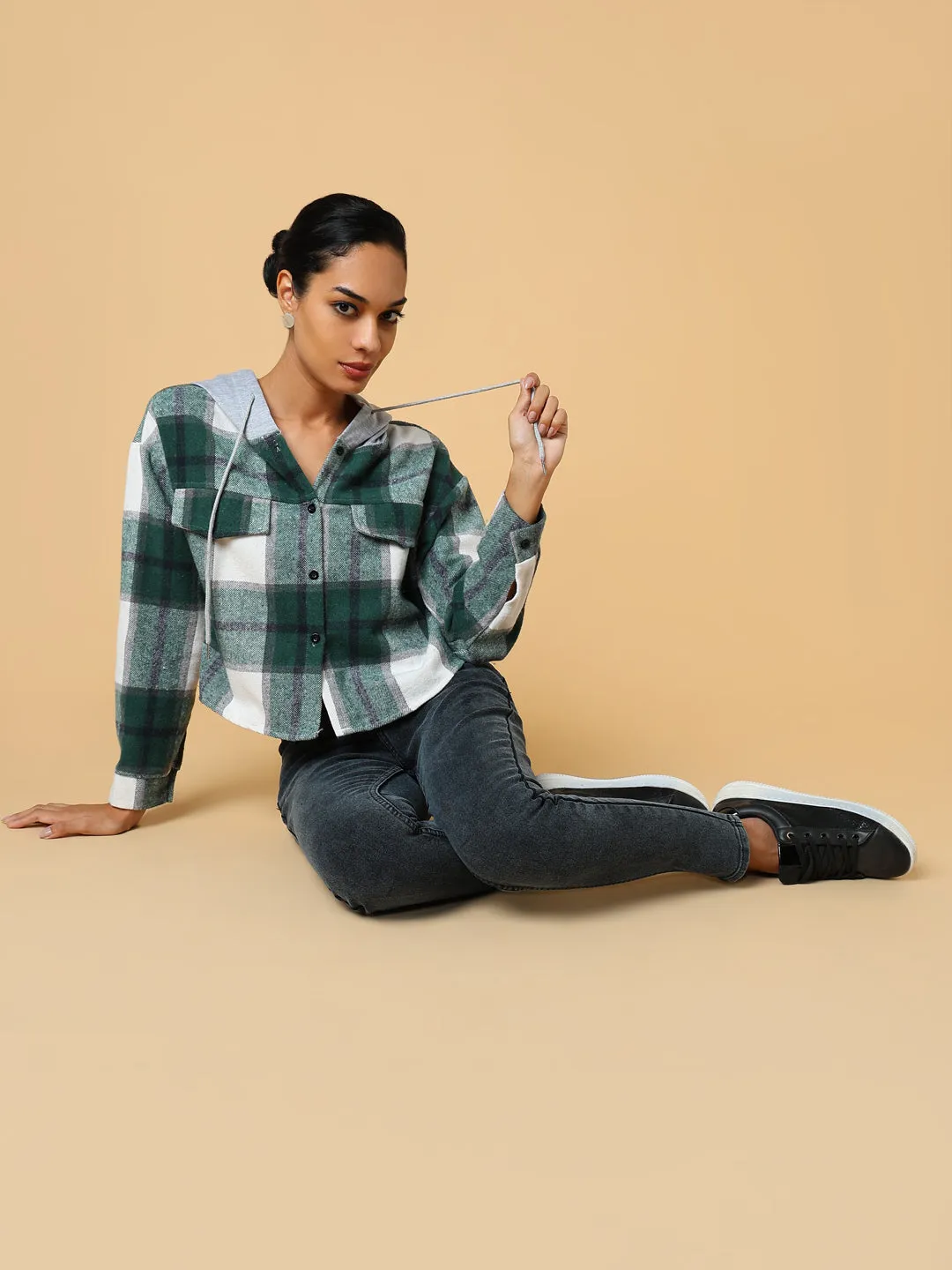 Women Green Checked Hoodie