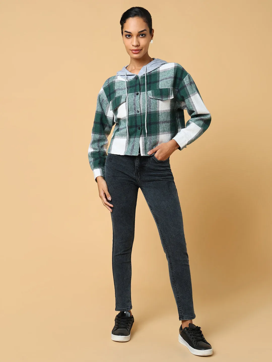 Women Green Checked Hoodie