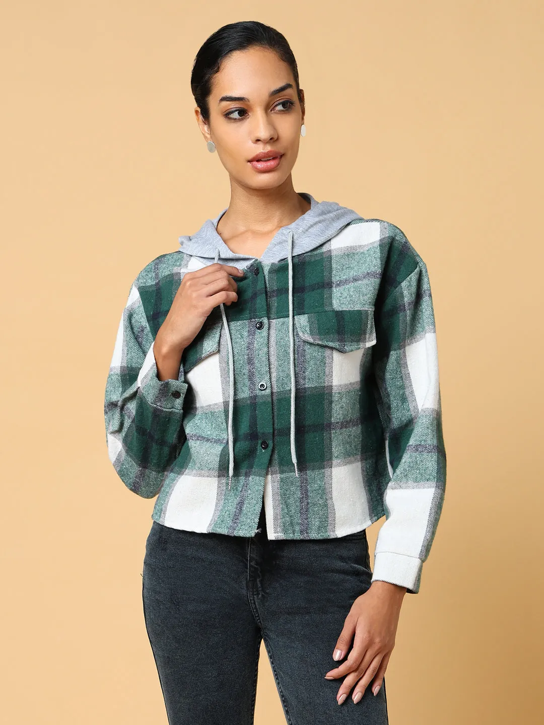 Women Green Checked Hoodie