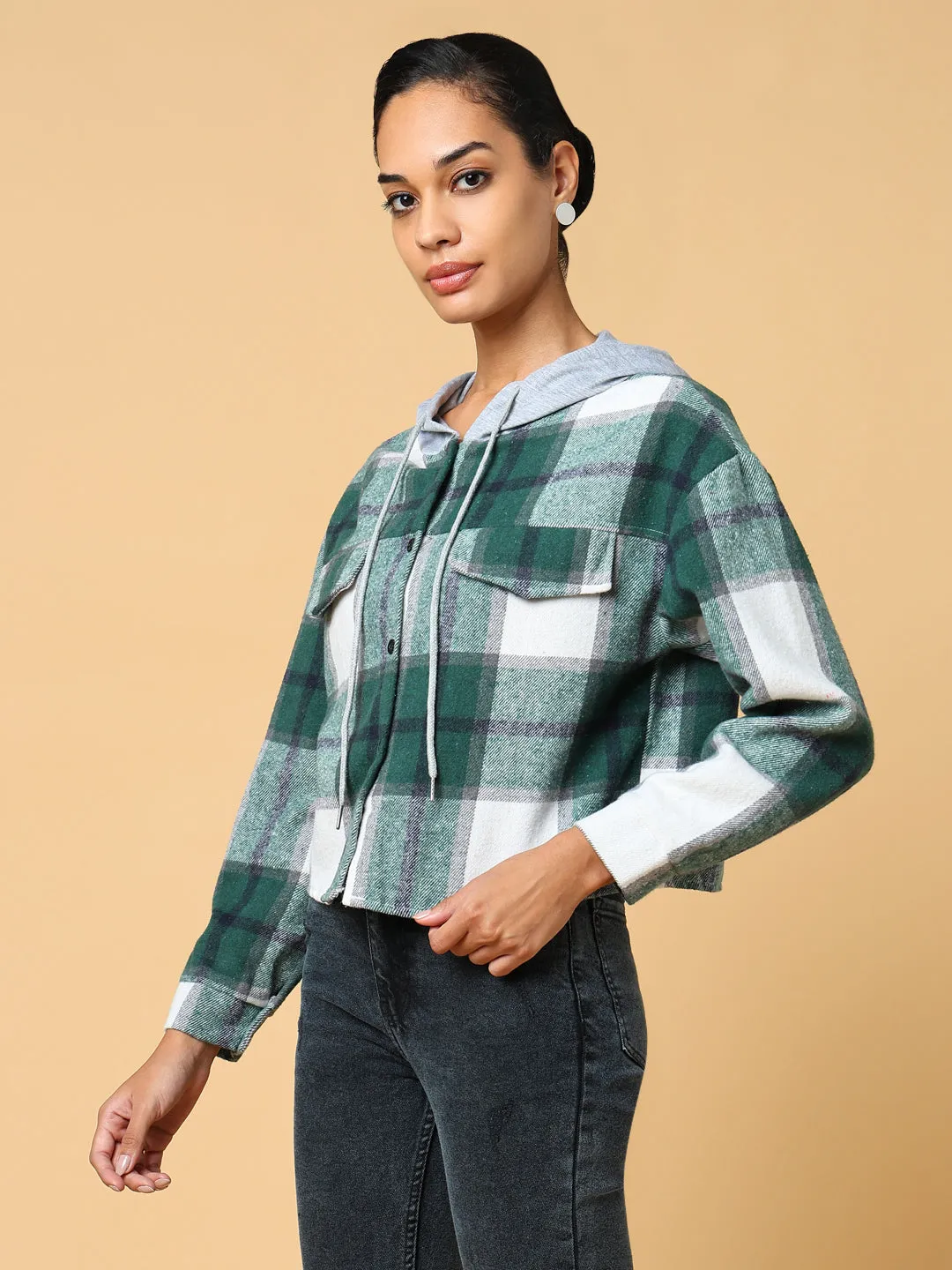 Women Green Checked Hoodie