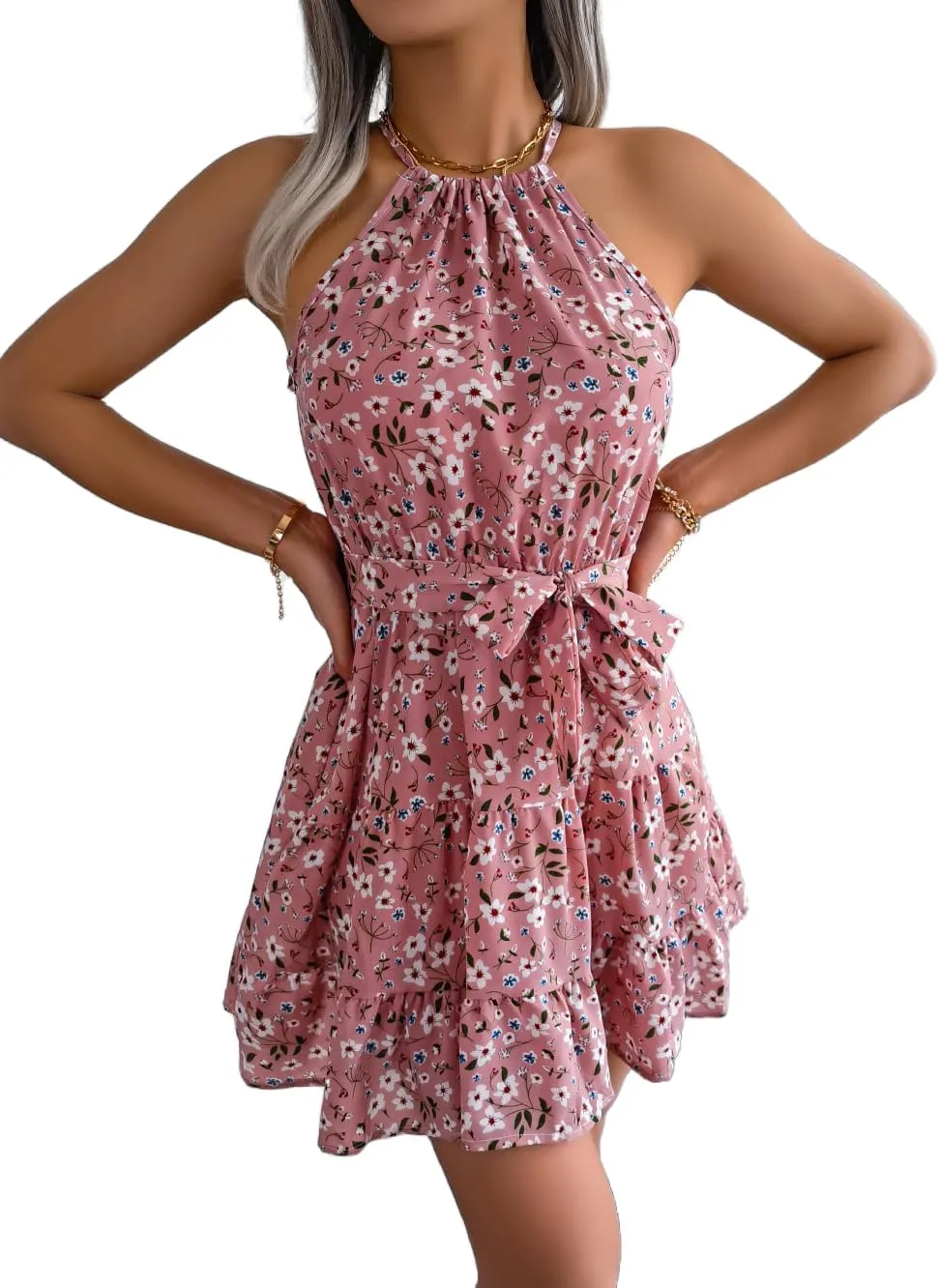 Women Halter Summer Dresses Casual Sleeveless Floral Ruffle Mini Boho Beach Sun Dress