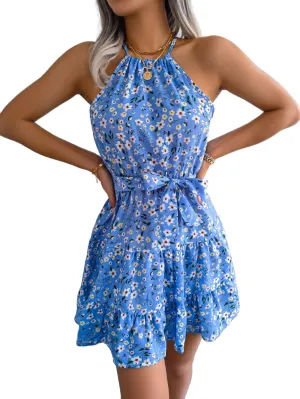 Women Halter Summer Dresses Casual Sleeveless Floral Ruffle Mini Boho Beach Sun Dress