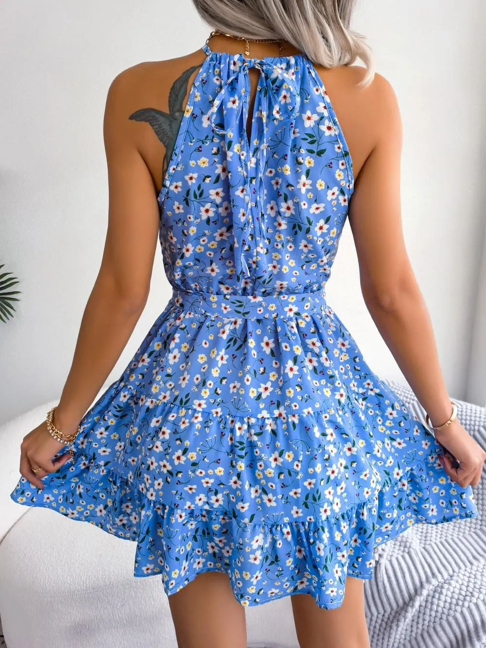 Women Halter Summer Dresses Casual Sleeveless Floral Ruffle Mini Boho Beach Sun Dress